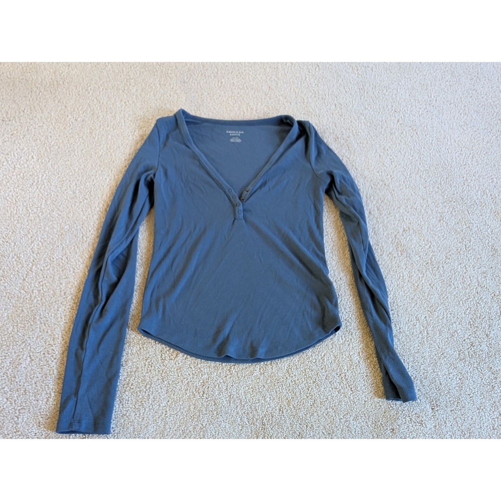American Eagle Women Blue Low Neck Button Long Sleeve Ribbed Shirt Small